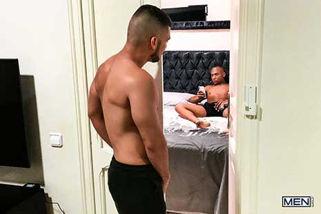 Bearded hunk Dann Grey is feeling sensual this morning and taking some ab selfies before he peeks at his gorgeous man, Dalton Ryder, lying in bed idly caressing his cock.