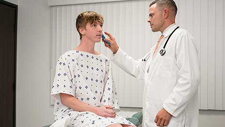 Blonde twink Andrew Powers visits Dr. Trent Summers for a routine check-up and informs him that he’s been having trouble performing in the bedroom.