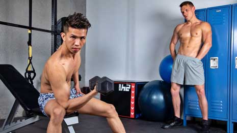 Levy Foxx needs a buddy to spot while he lifts. Good thing Shane Cook is around to lend a hand...and a cock. The thick dicked dude needs somewhere to bury his piece, and Levy's ass is the perfect place. They get their cardio in and fuck at the gym.