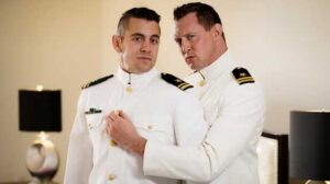 Military stepbrothers come home and are forced to share a hotel room. They horse around on the bed, and then they trade blowjobs, after which Dante fucks Pierce.