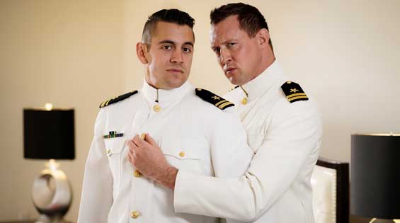 Military stepbrothers come home and are forced to share a hotel room. They horse around on the bed, and then they trade blowjobs, after which Dante fucks Pierce.