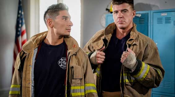 Firefighters Jim and JJ are discussing work, with Jim being the rookie being "babysat" by JJ. They start making out. Jim blows JJ, and JJ fingers and rims Jim's ass before fucking him.