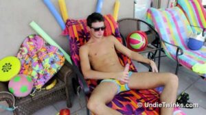 Stunning hot twink Damon Archer strokes his horny cock poolside in some seriously hot Andrew Christian undies and shoots a MASSIVE load from his hairy twink cock!