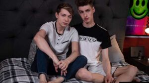 Jacob Hansen gets up on his tippy toes, to take a taste of tall drink of water, Ian Novak. Novak is a new boy on the block, but is definitely comfortable in front of the camera.