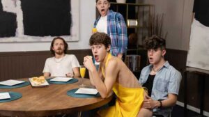 Joey Mills looks awfully tempting as he kneads dough in nothing but an apron, and his top boyfriend, Drake Von, wants to get between his buns! But just as Drake is about to cum, their guests arrive.