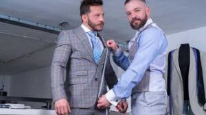 Tailor Dan Tyser is working at his atelier waiting for one of his favorite clients, John Brachalli, who ordered two new custom-made suits. While it is not the first time Dan has made suits for John, he asks him to undress and try at least one of the new suits now.