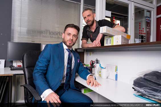 Let's be honest - we have all fantasized about seducing and playing with the delivery man! Delivery boy, Zac Johnson, drops off a package with Manuel Reyes at the front desk and asks to use the restroom.