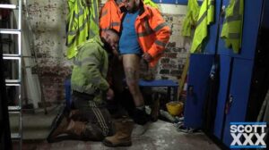 Bairon Hell and Matt Flood are a horny pair of blue-collar hunks who take a break from their workday for some foot-sniffing, cock-sucking, ass-fucking fun!