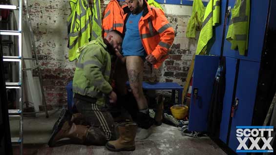 Bairon Hell and Matt Flood are a horny pair of blue-collar hunks who take a break from their workday for some foot-sniffing, cock-sucking, ass-fucking fun!