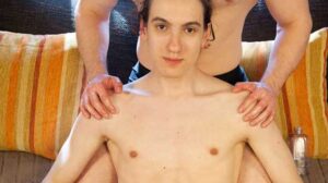 Alan Doux is due for a massage. He strips down to his underwear, showing off his slim body. Then he lays, face down on the bed. The masseur arrives and kneels beside Alan, taking oil into his