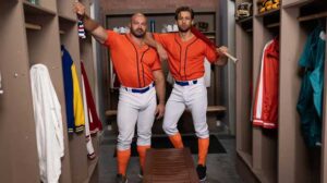 Hunk Dom King is super disappointed after losing the baseball game, but in the locker room his teammate Nick Cranston tries to cheer him up and lighten the mood with a wedgie as he gets changed.