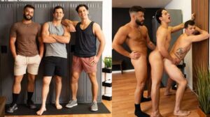 Paul and Hayden enter the locker room as hunk Brysen is stripping down and admire his body in only a jock strap. Brysen admires them back as the guys undress and flirts