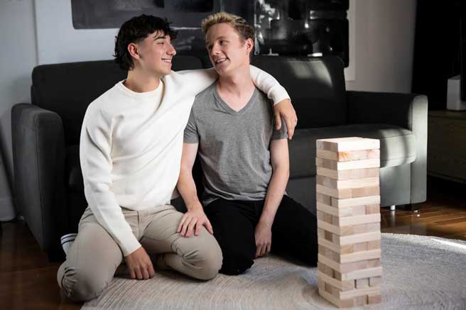 Twink Benny Fox is super bored playing a block stacking game with his pal, so Callum West proposes a way to keep it interesting: adding a strip penalty! Benny knocks over four blocks