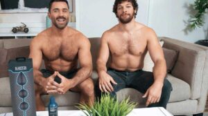 Levi's unboxing the Tightrope today, MEN's extreme take on anal beads, and handsome assistant Shamu Azizam is standing by to demonstrate. Levi starts turning Shamu on as he pulls the