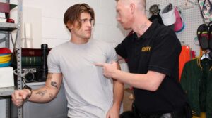 It’s not every day that Officer Kayman catches handsome shoplifters like Kyle. This beefy young stud with an attitude tries to get away with stealing some glasses, but the security guard won’t put